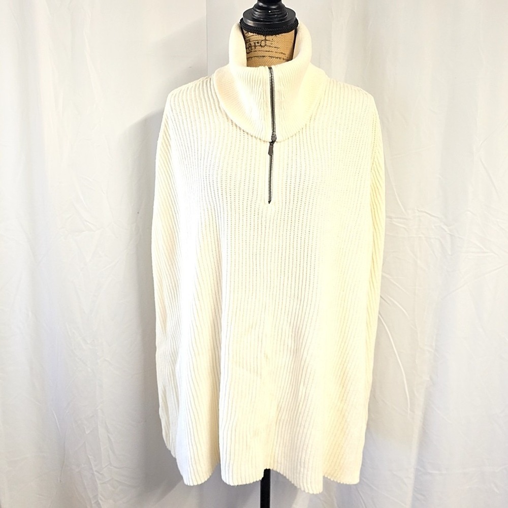 J Jill‎ Poncho Sweater Cream Ribbed Knit Turtle Neck 1/4 Zip One Size Cozy